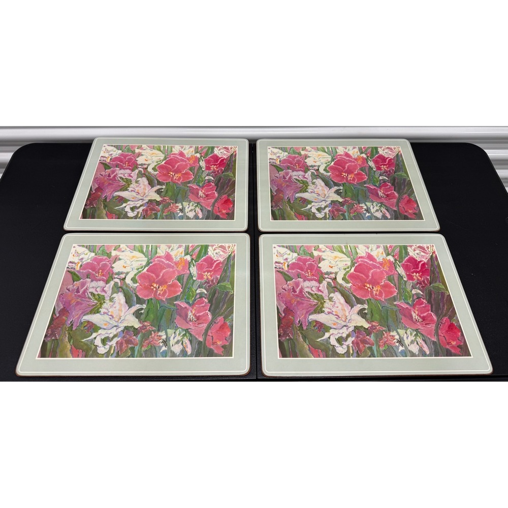 Vintage Floral Hardboard Placemats Cork Back Set of 4 Pink Lily Oil Paint Style
